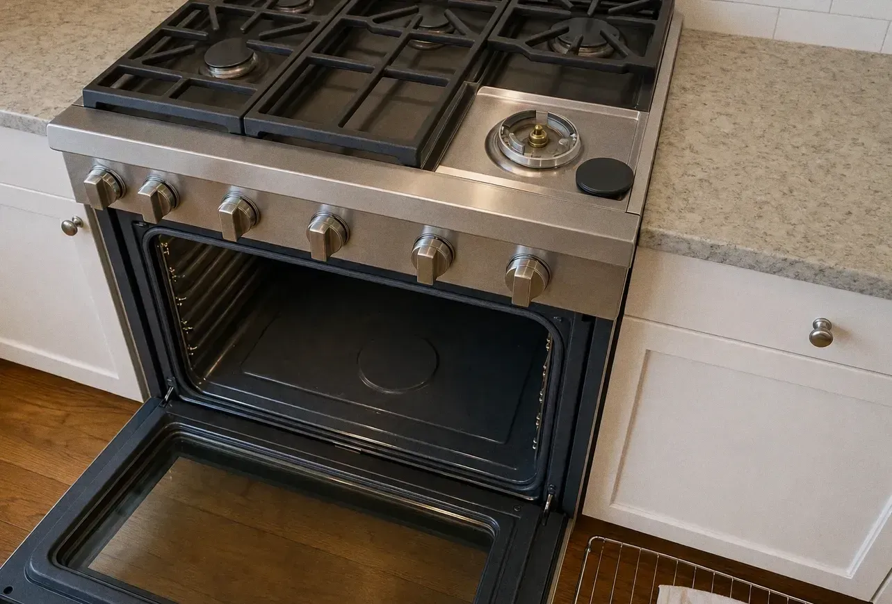 Cast-iron grate lifted clear on a rangetop with one burner cap removed to expose the brass burner head, oven door open below