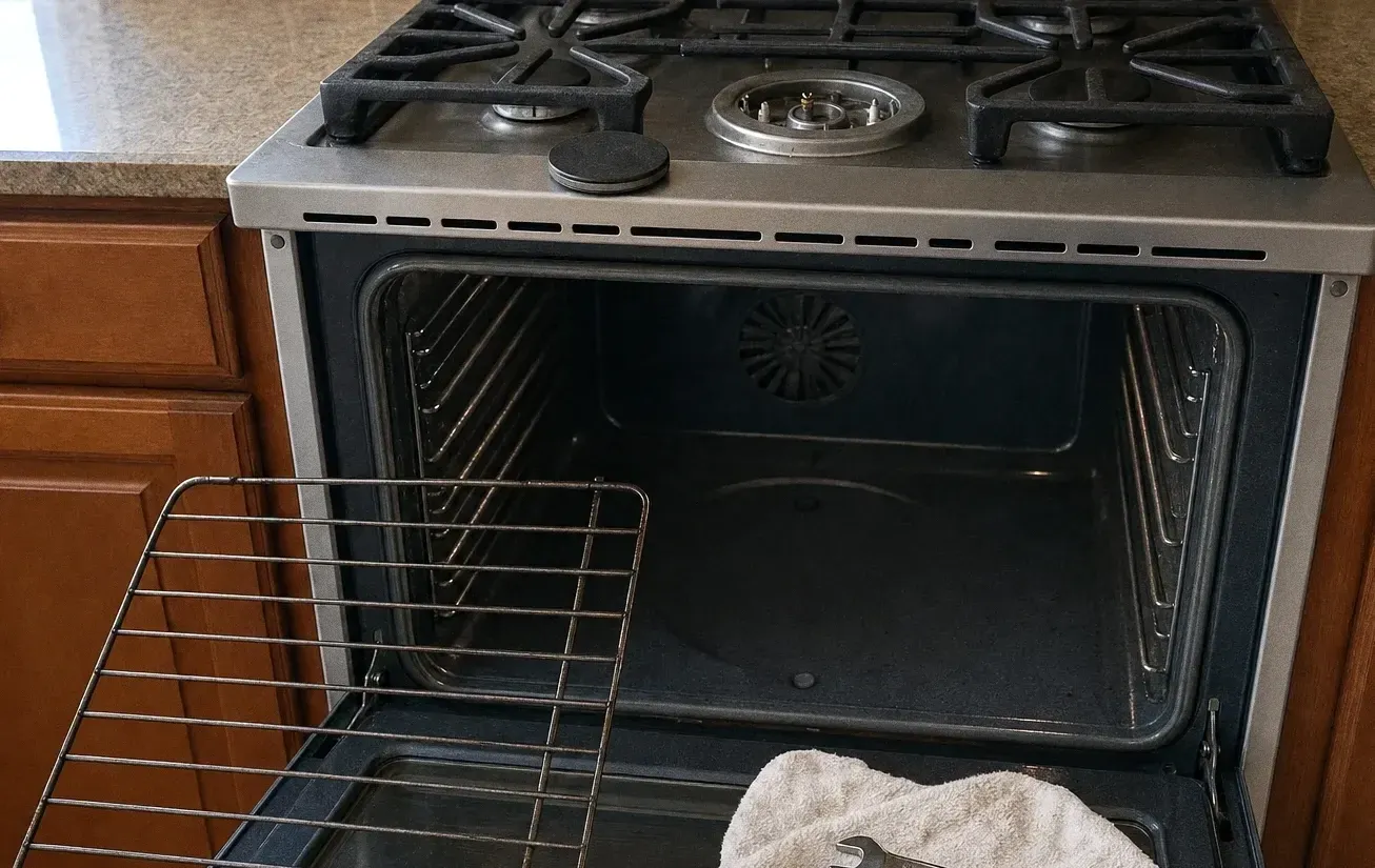 High angle across a gas rangetop with one burner cap removed, looking down into the open oven cavity and its round convection fan cover