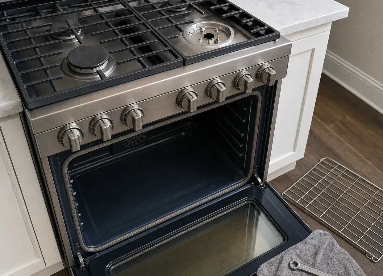 Stainless range beside white cabinets and a stone counter, one grate lifted over the burner and the oven door open with a rack on the floor